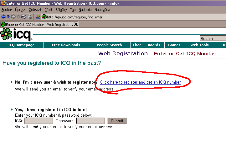 Pokračujte kliknutím na odkaz Click here to register and get ICQ number